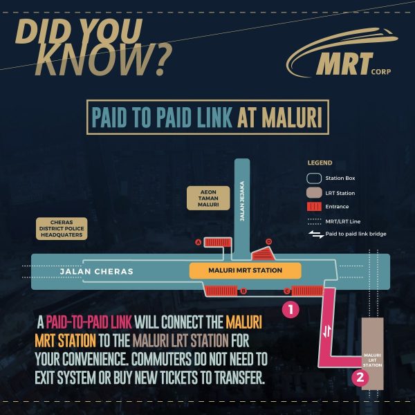 A Paid-To-Paid link will connect the Maluri MRT station to the Maluri LRT station. Commuters do not need to exit system or buy new ticket to transfer.