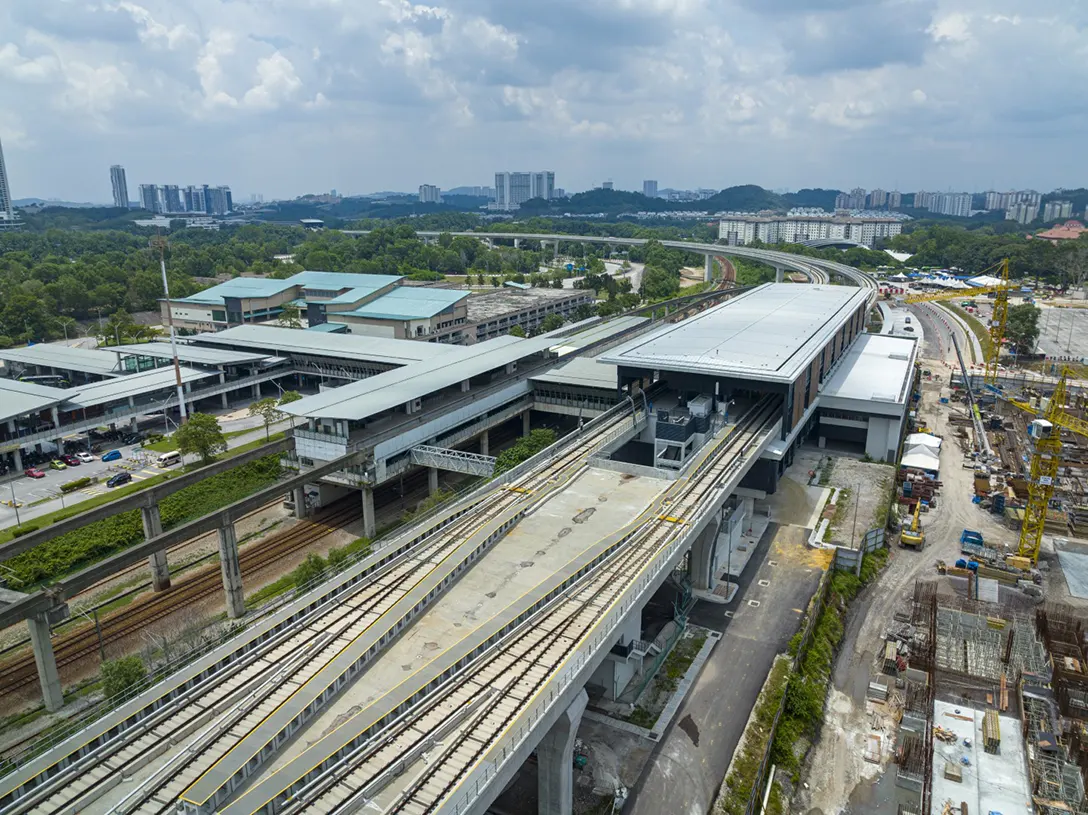 Aerial view of the Putrajaya Sentral MRT Station showing the rectification works at viaduct trackside during de-energisation in progress.
