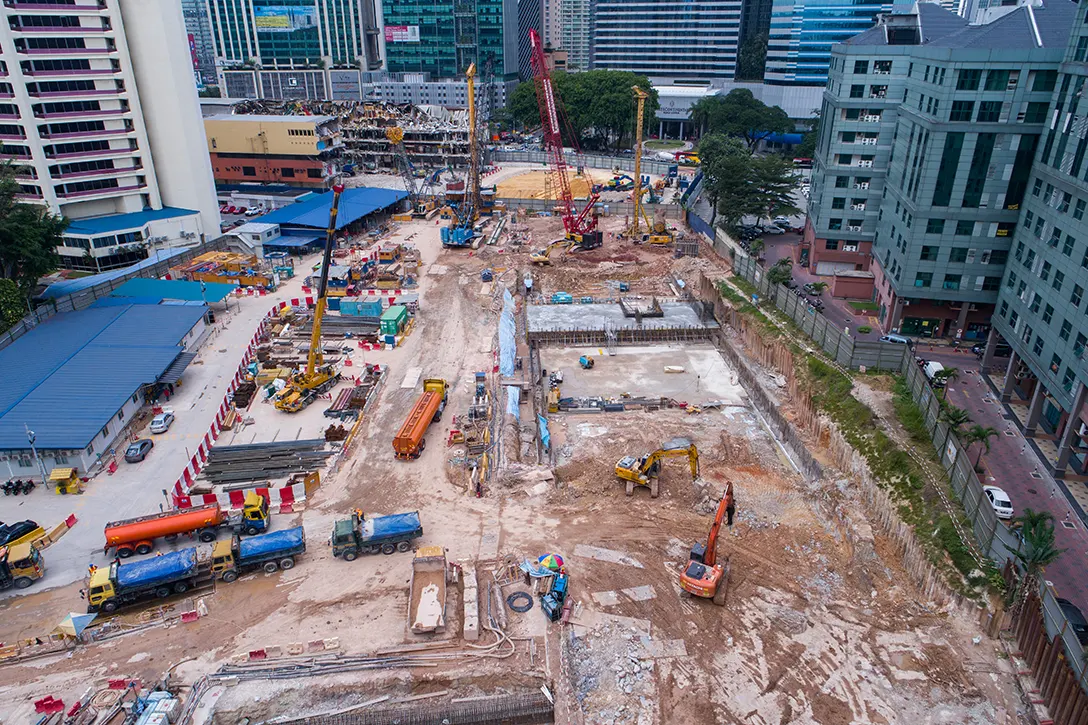 Aerial view of the ongoing rebar fabrication works for the roof slab at the Ampang Park MRT Station site.
