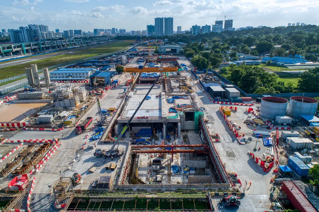 Aerial view of the Bandar Malaysia Utara MRT Station showing the construction of reinforced concrete wall, column and platform slab.