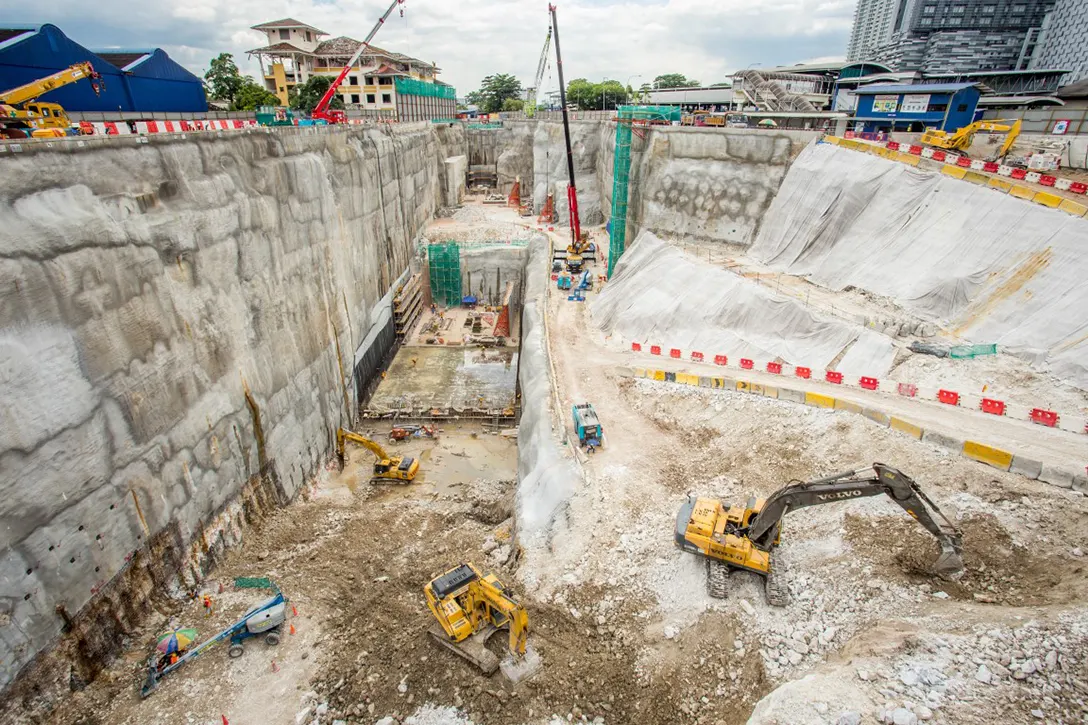 Ongoing rock excavation and rock strengthening works at Chan Sow Lin MRT Station site.