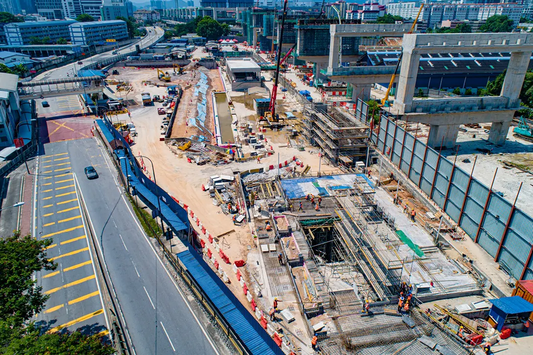 Aerial view of the Chan Sow Lin MRT Station showing the construction of ventilation Building B.