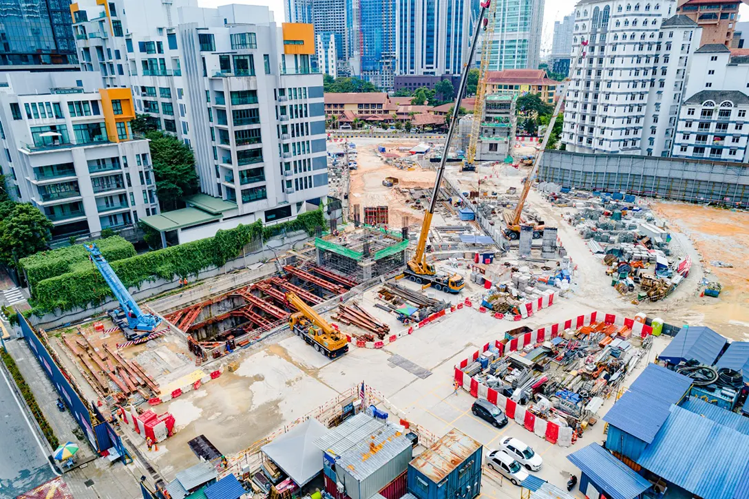 Aerial view of the Conlay MRT Station showing construction works in progress of Entrance A, located at Jalan Kia Peng.