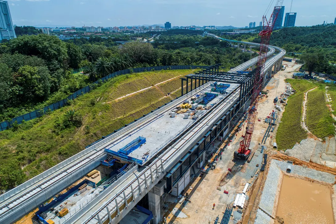 Aerial view of the Cyberjaya Utara MRT Station site showing the platform level slab completed and casting works in progress.