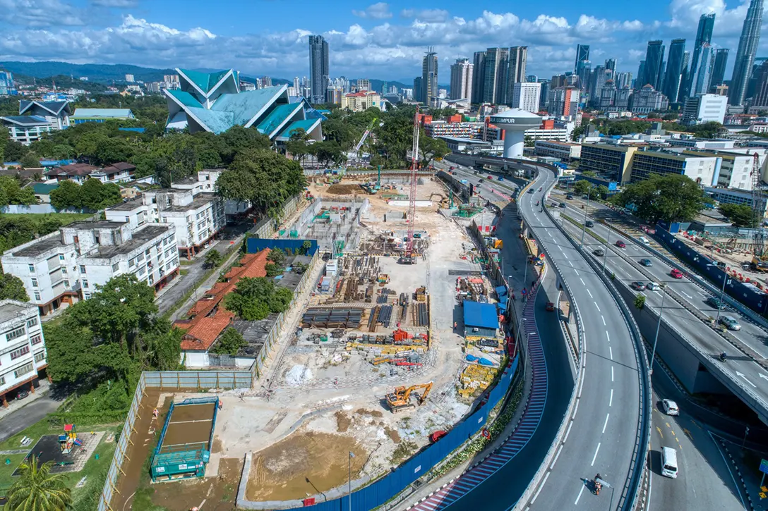 Aerial view of the Hospital Kuala Lumpur MRT Station site showing the fabrication works at bar bending yard for station reinforcement concrete works at plantroom slab and base slab.
