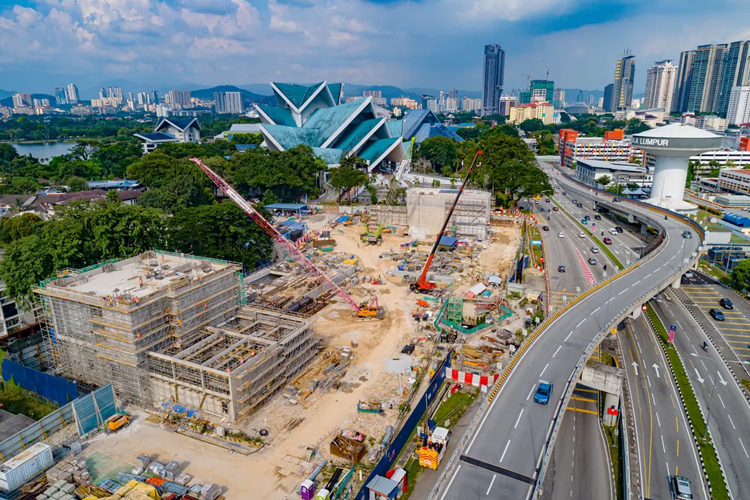 Aerial view of the Hospital Kuala Lumpur MRT Station showing the completion of reinforced structure at the Entrance B and C with ongoing reinforced works at Adit and Entrance A.