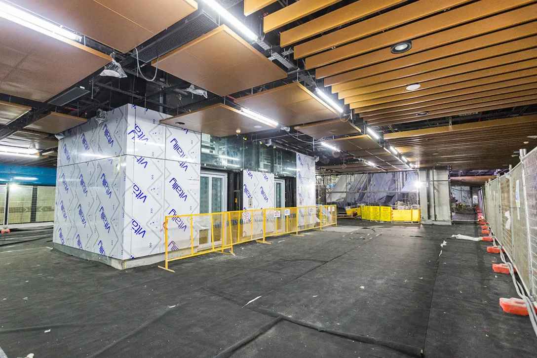 View inside the Hospital Kuala Lumpur MRT Station showing the completed ceiling and cladding installation at the platform level.