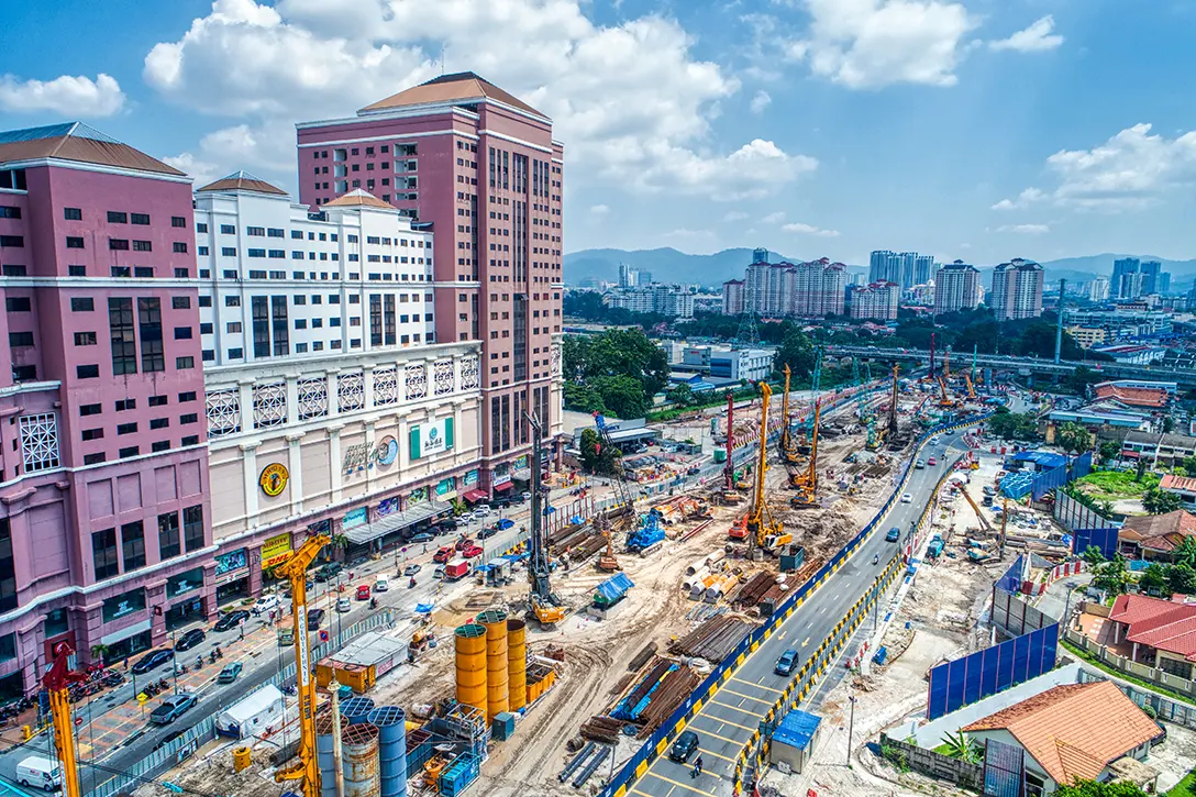 Aerial view of the Jalan Ipoh MRT Station site showing ongoing secant bore piling works.
