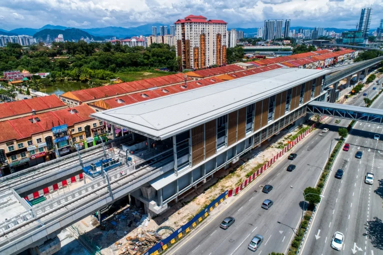 Aerial view of the Kepong Baru MRT Station site showing the station external works in progress and covered walkway works has commenced at Entrance 2