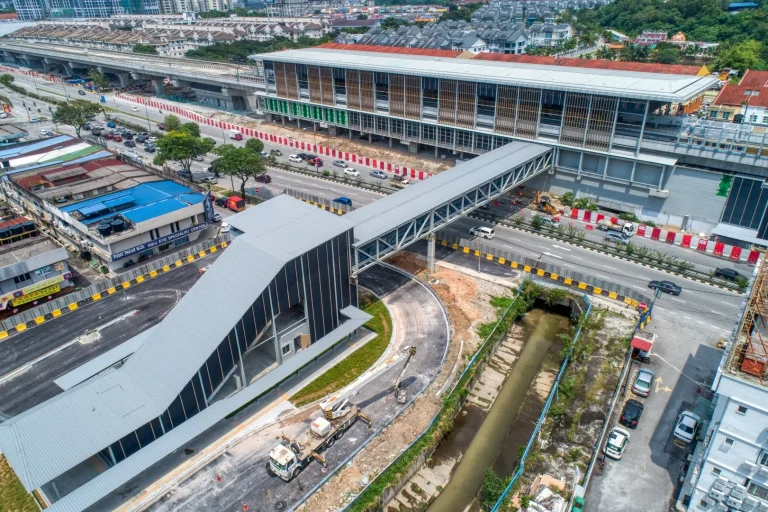 Aerial view of the Kepong Baru MRT Station site showing the Entrance 2 roof capping installation in progress