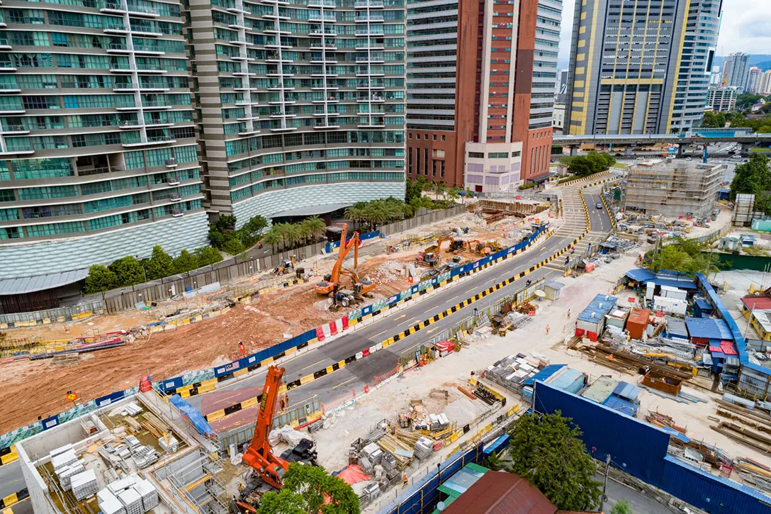 Aerial view of the Raja Uda MRT Station showing the subgrade preparation works for the implementation of the next traffic management plan.