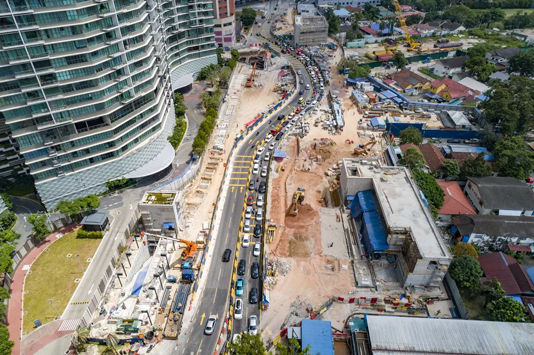 Aerial view of the Raja Uda MRT Station showing the preparatory works for next stage of road realignment in progress.