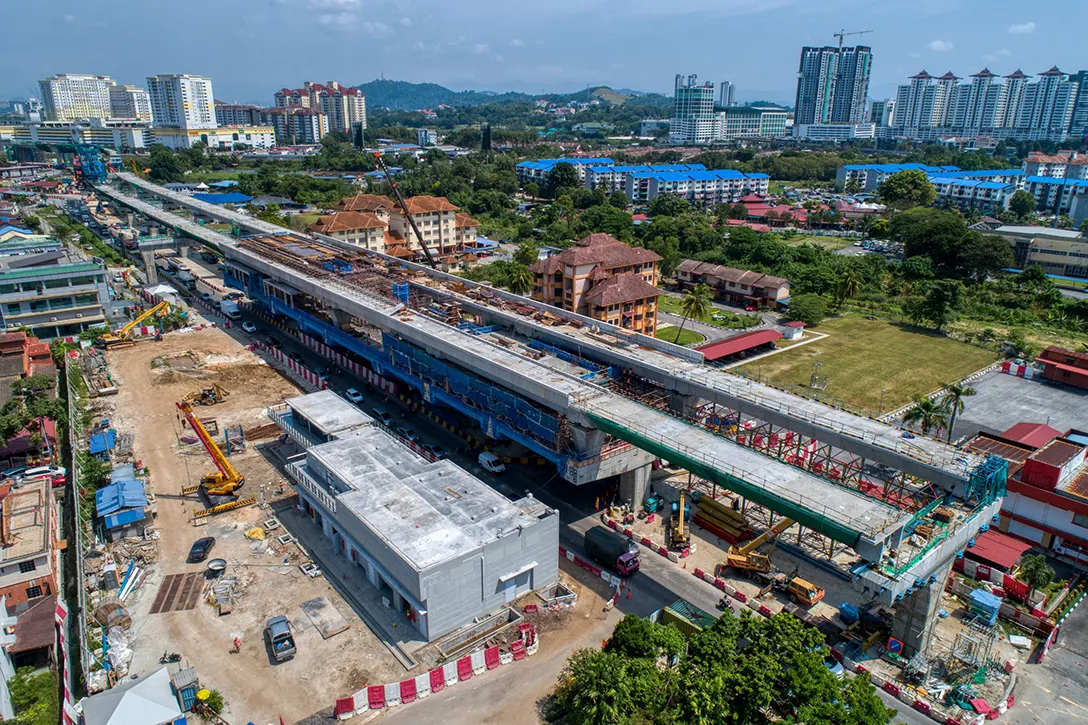Aerial view of the finishing works at utilities building and construction of station platform at the Serdang Jaya MRT Station