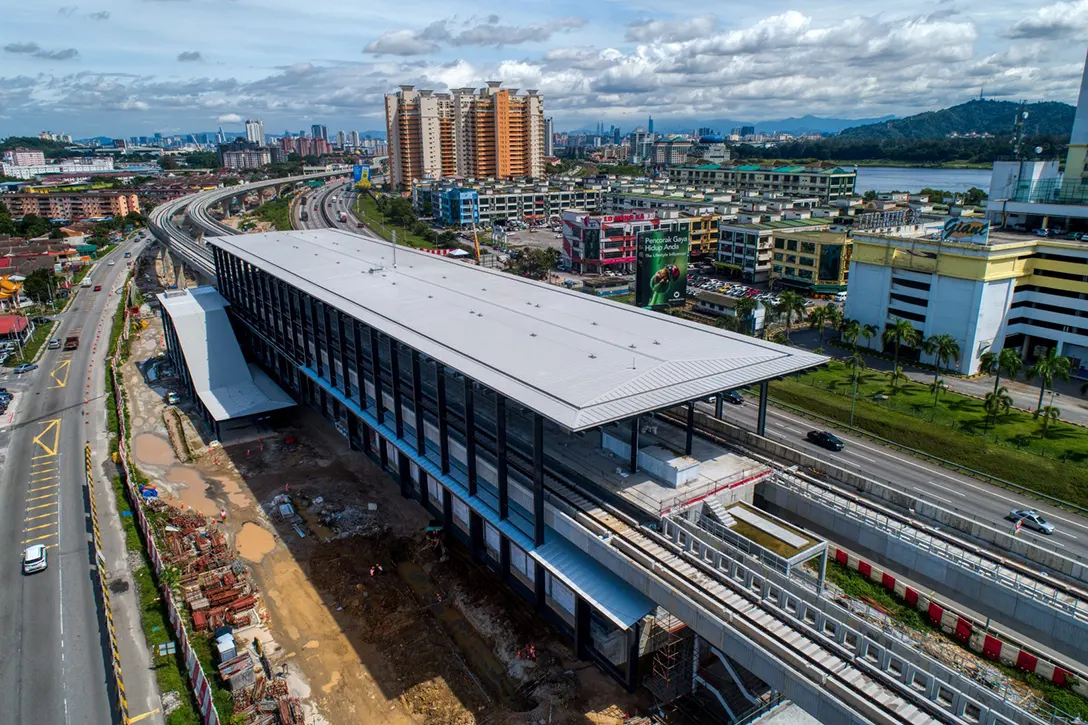 Aerial view of the Serdang Raya Selatan MRT Station showing the external station works in progress.