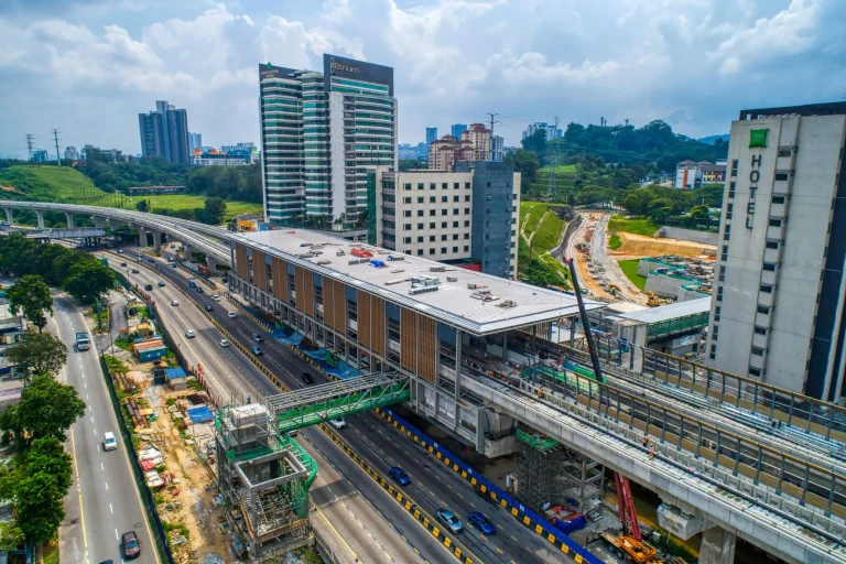 Aerial view of the Sri Damansara Barat MRT Station site showing the boombox installation and Entrance A roofing in progress