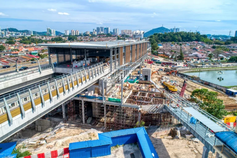 Aerial view of the Sri Damansara Timur MRT Station showing launching of link bridge which connects MRT and KTM lines was completed