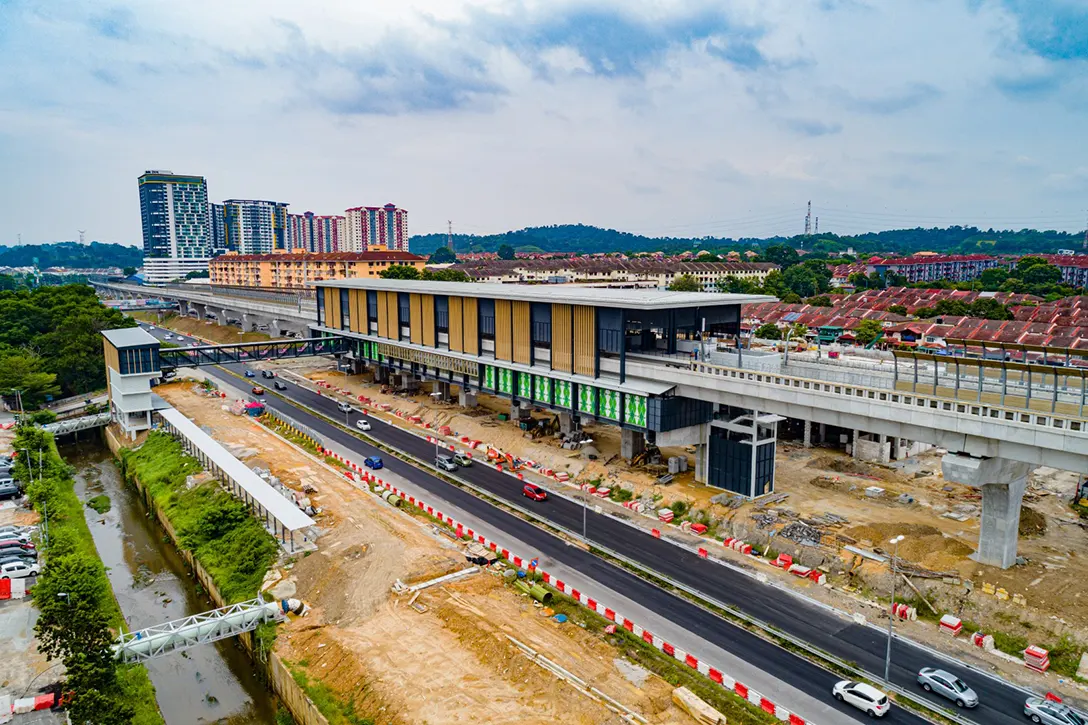 Aerial view of the Taman Equine MRT Station showing the final architectural finishing touches in progress.