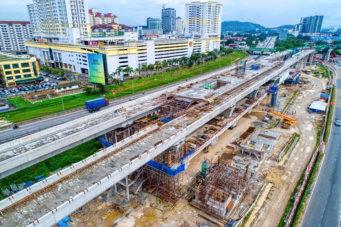 Aerial view of the Serdang Raya Selatan MRT Station showing the station works in progress.