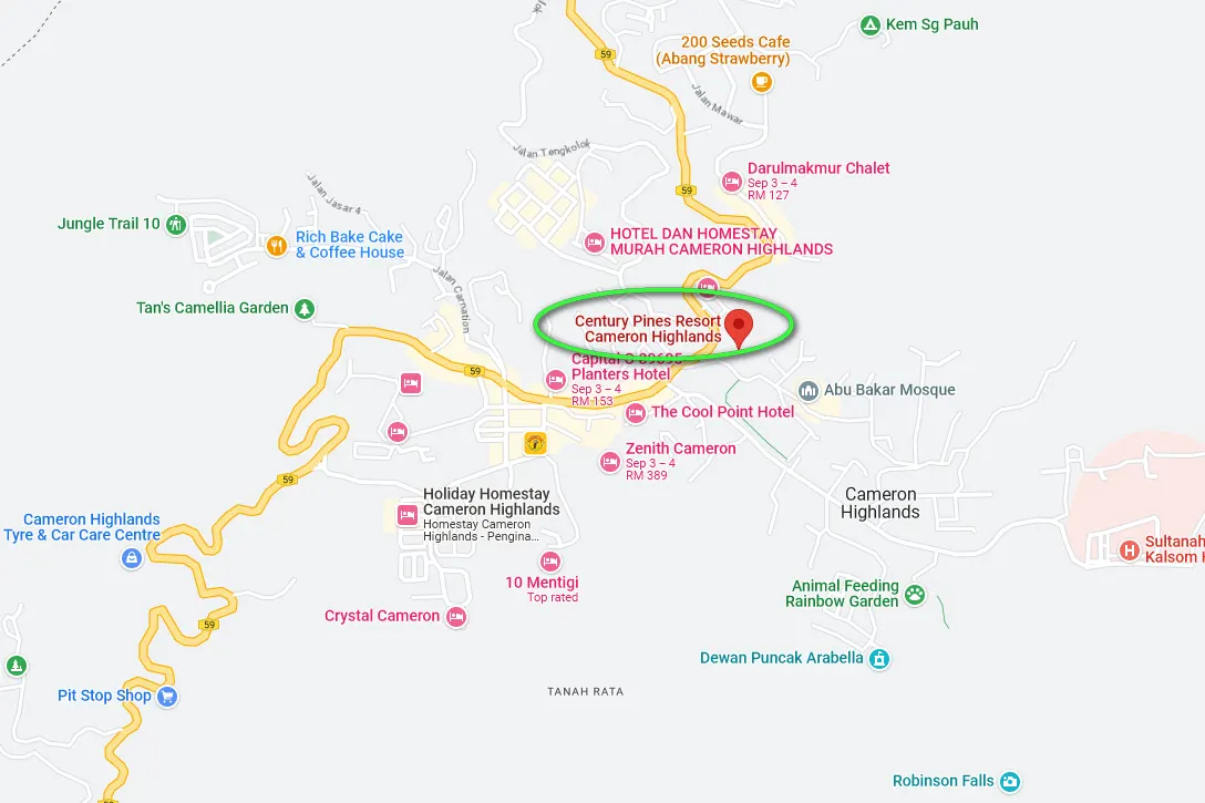 Location of Century Pines Resort Cameron Highlands