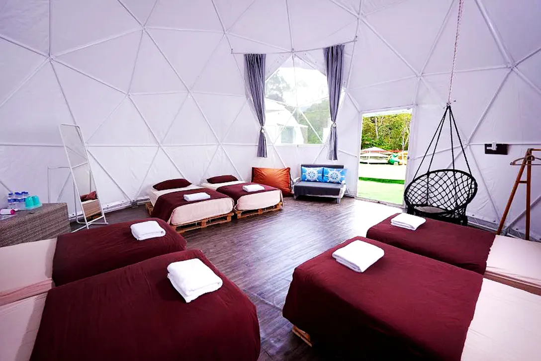 The Family Dome is large enough for 6 people to stay in, inclusive of a sofa and 2 benches