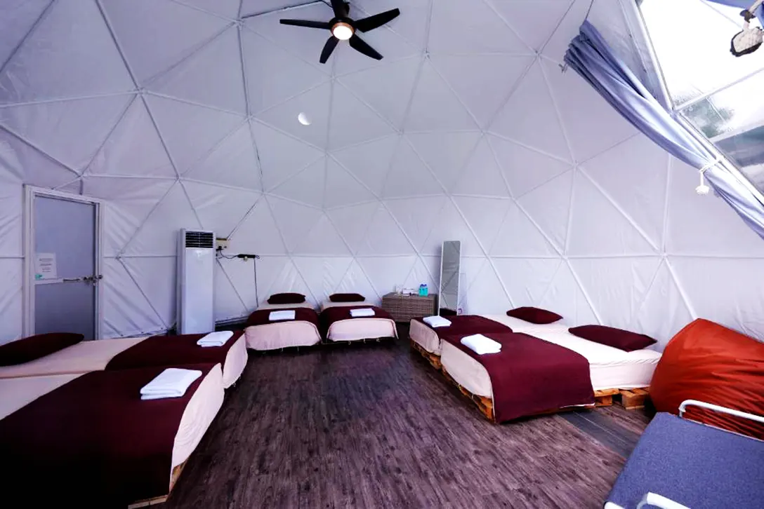 The Family Dome is large enough for 6 people to stay in, inclusive of a sofa and 2 benches