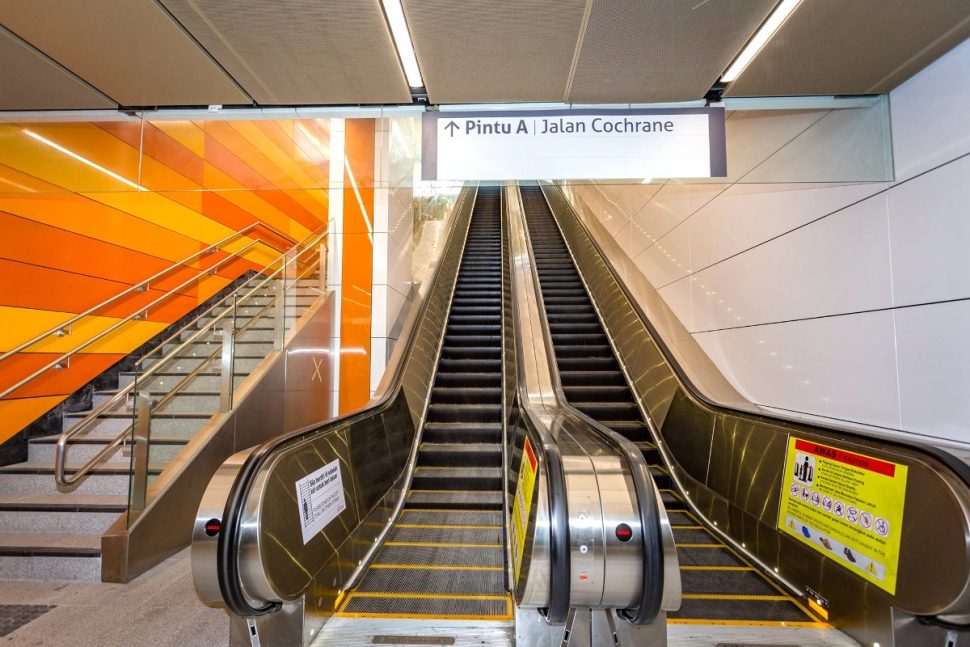 Escalator and stair access between levels at Cohrane station