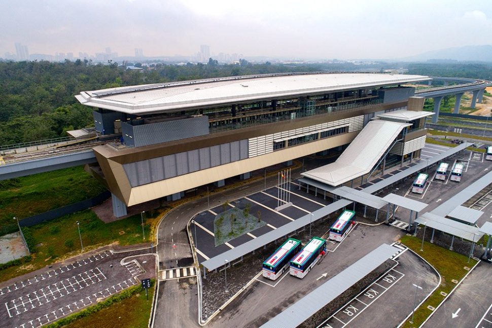 Aerial view of the Kwasa Sentral Station with feeder buses parked at their parking bays. Jan 2017