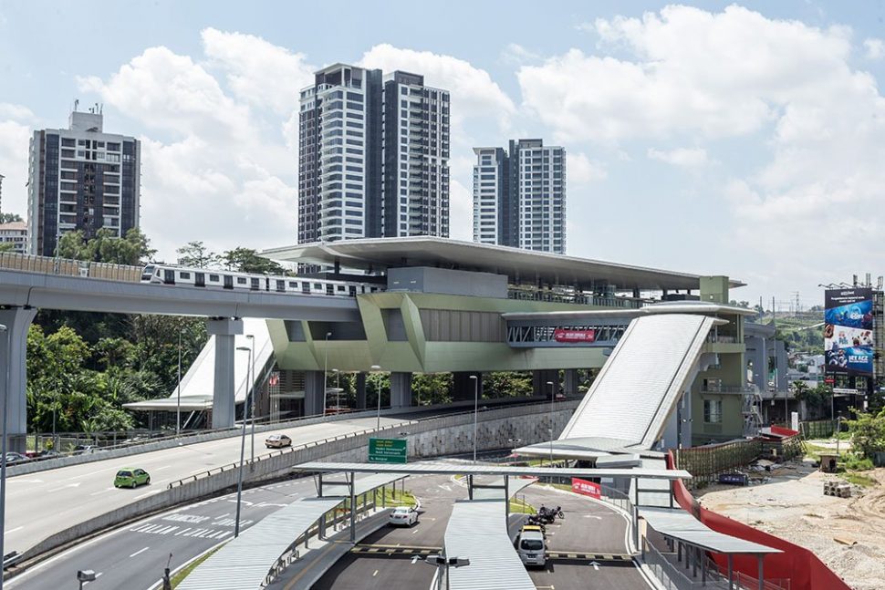 View of the completed Pusat Bandar Damansara Station with a MRT train undergoing testing.