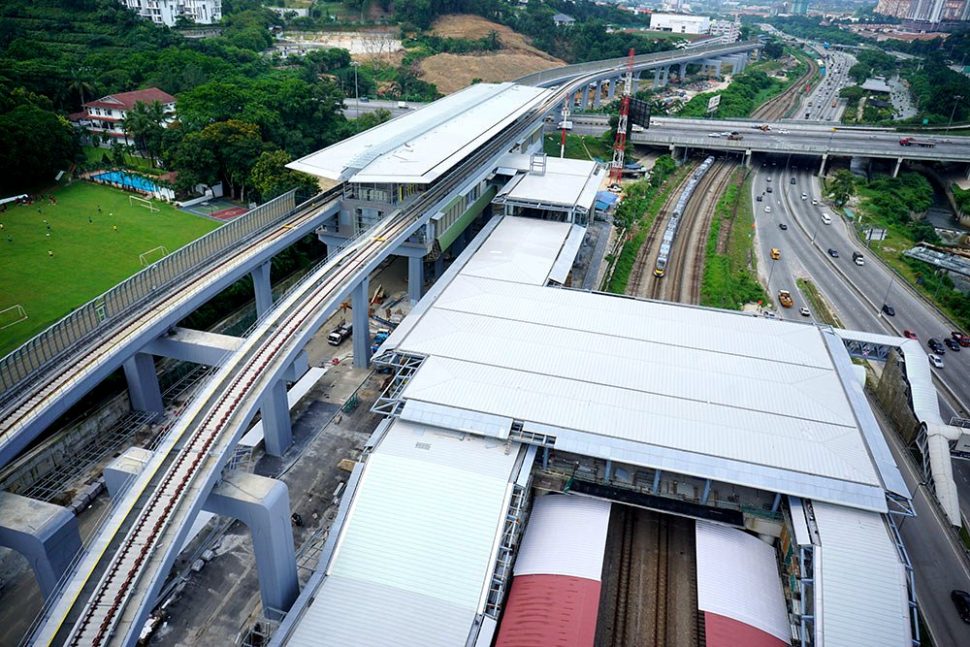 The MRT Sungai Buloh Station (left) next to the KTM Sungai Buloh Station (right). May 2016