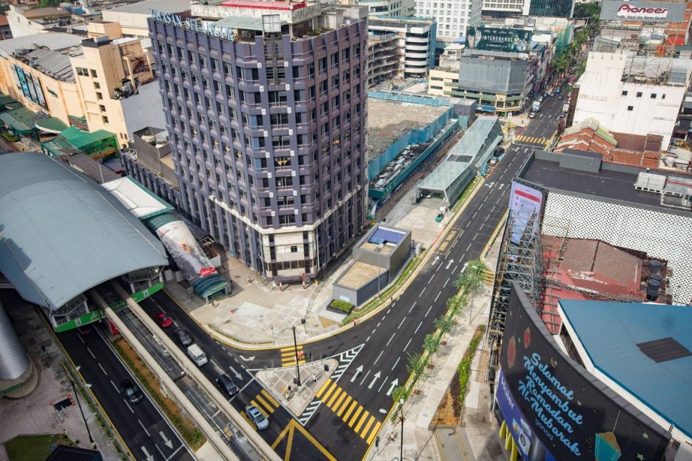 Aerial view of the Bukit Bintang Monorail and MRT station at shopping hub in the Kuala Lumpur Golden Triangle commercial district