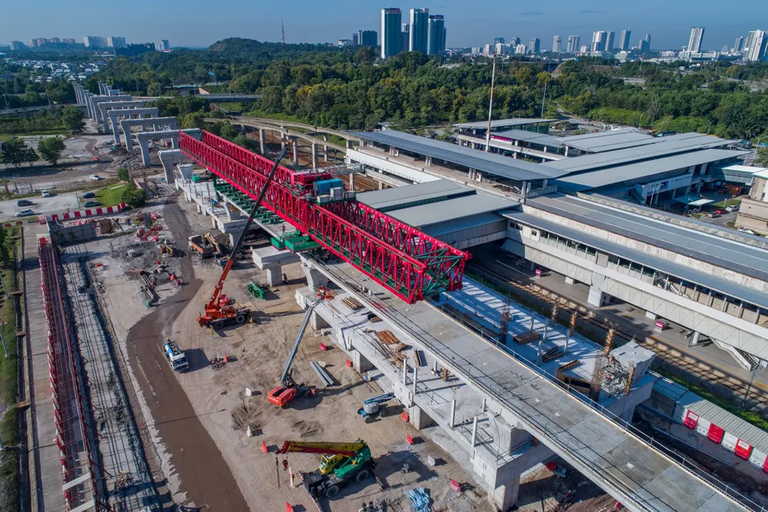 Segmental box girder launching in progress at the Putrajaya Sentral MRT Station site.
