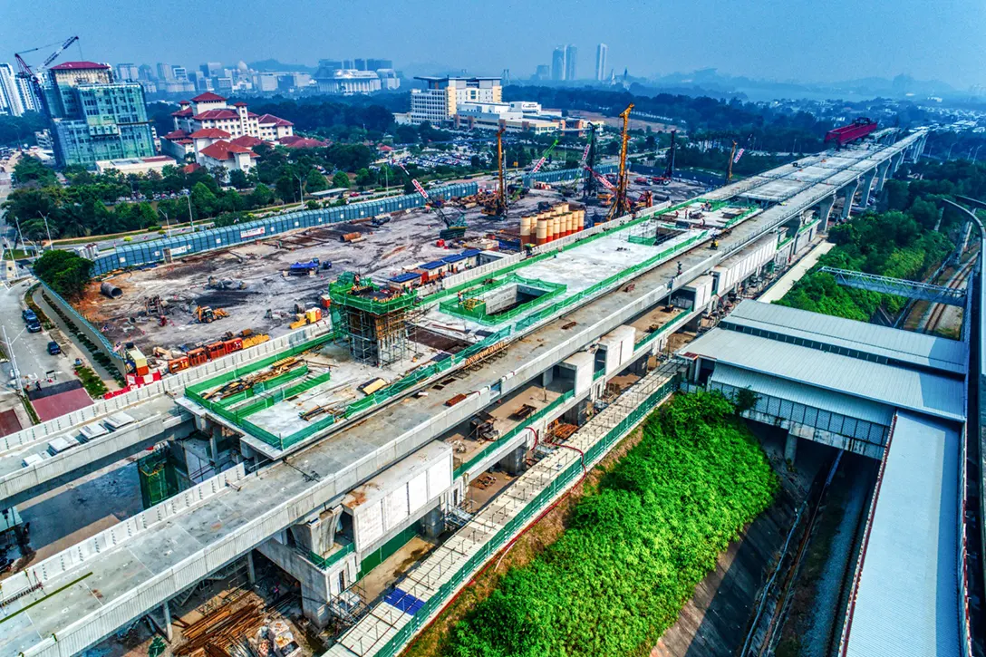 Aerial view of the Putrajaya Sentral MRT Station showing station platform works in progress.