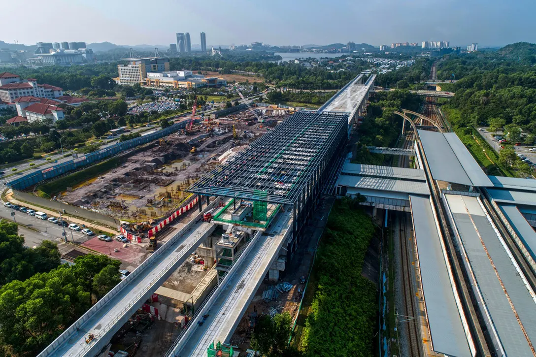 Aerial view of the Putrajaya Sentral MRT Station site showing the ongoing installation of roof steel truss.