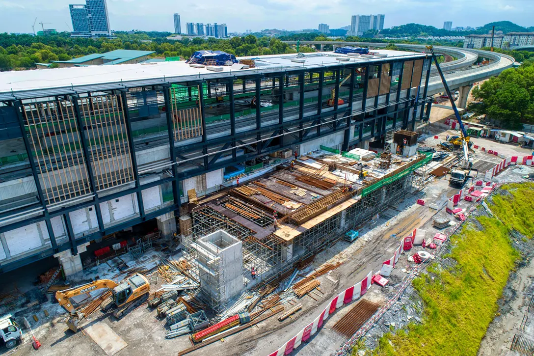 Aerial view of the roof covering at the station box and reinforced concrete works at entrance in progress at the Putrajaya Sentral MRT Station site.