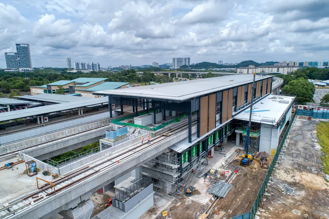 Aerial view of the Putrajaya Sentral MRT Station showing the entrance roofing works completed.
