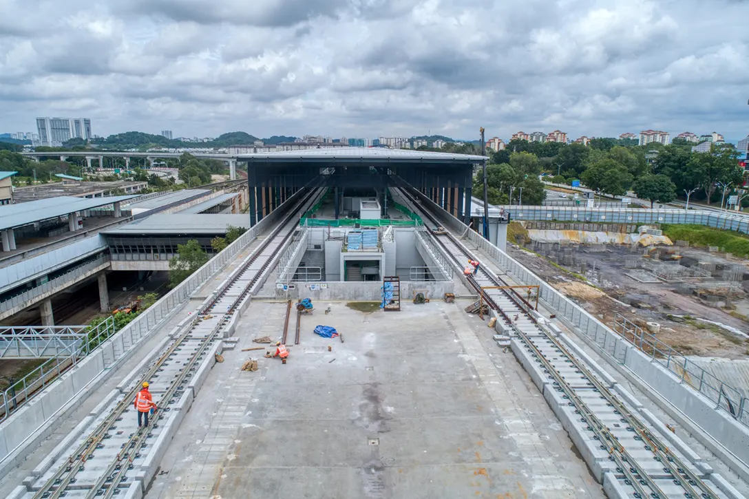 Aerial view of the Putrajaya Sentral MRT Station showing the scissor crossing northward.