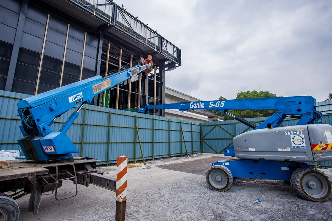 Installation of entrance façade in progress at the Putrajaya Sentral MRT Station.