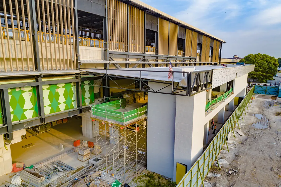 Aerial view of the Putrajaya Sentral MRT Station showing the tiling and painting works in progress