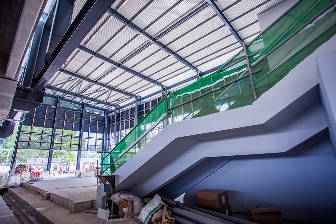 Installation of entrance façade in progress at the Putrajaya Sentral MRT Station.