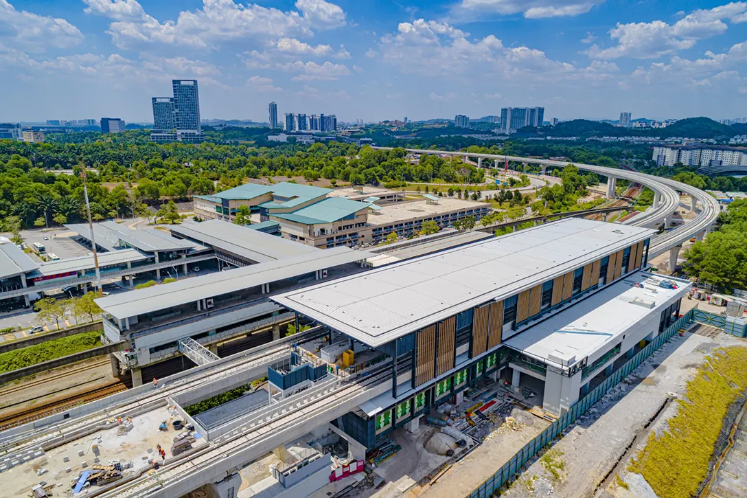 Aerial view of the Putrajaya Sentral MRT Station showing the roof aluminium composite panel installation works in progress.