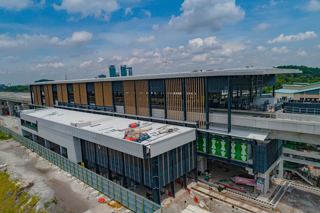 Aerial view of the Putrajaya Sentral MRT Station showing the aluminium composite panel roof installation works in progress