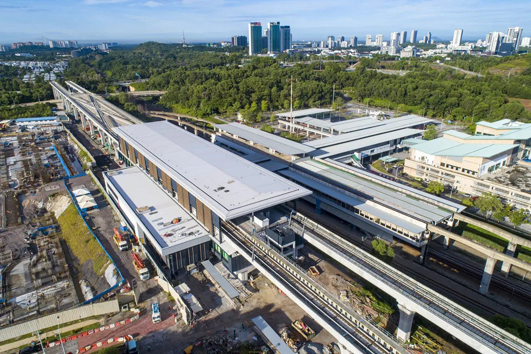 Aerial view of the Putrajaya Sentral MRT Station showing the aluminium capping panel works in progress.