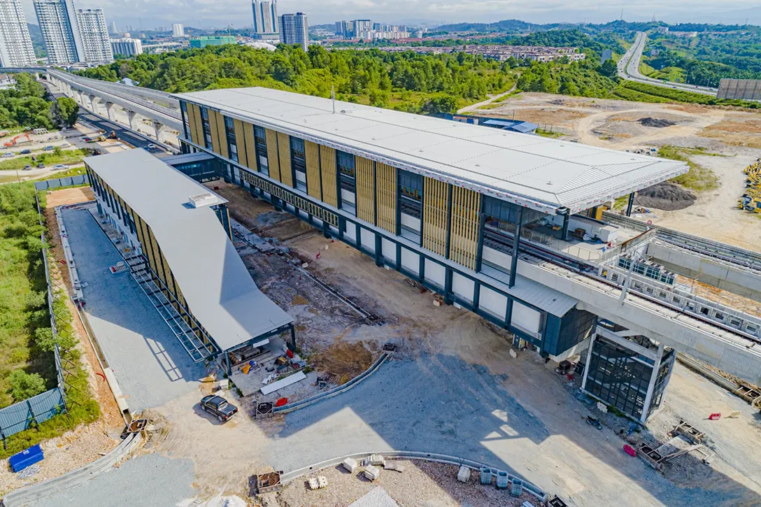 Aerial view of the 16 Sierra MRT Station showing the ongoing works for cable containment, Uninterruptible Power Supply (UPS) Room, tiling at platform edge and boom box LED lighting.