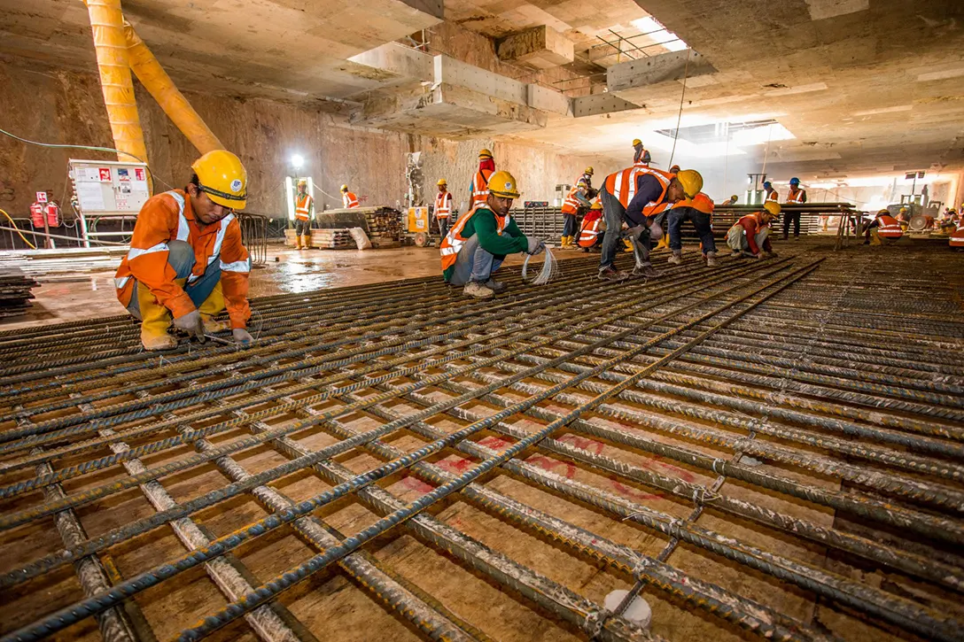 Rebar fixing works for plant room level slab in progress at the Ampang Park MRT Station site.