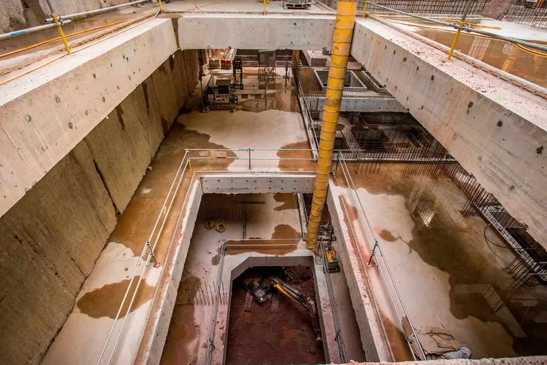 View of the excavation works to upper platform level of the Ampang Park MRT Station