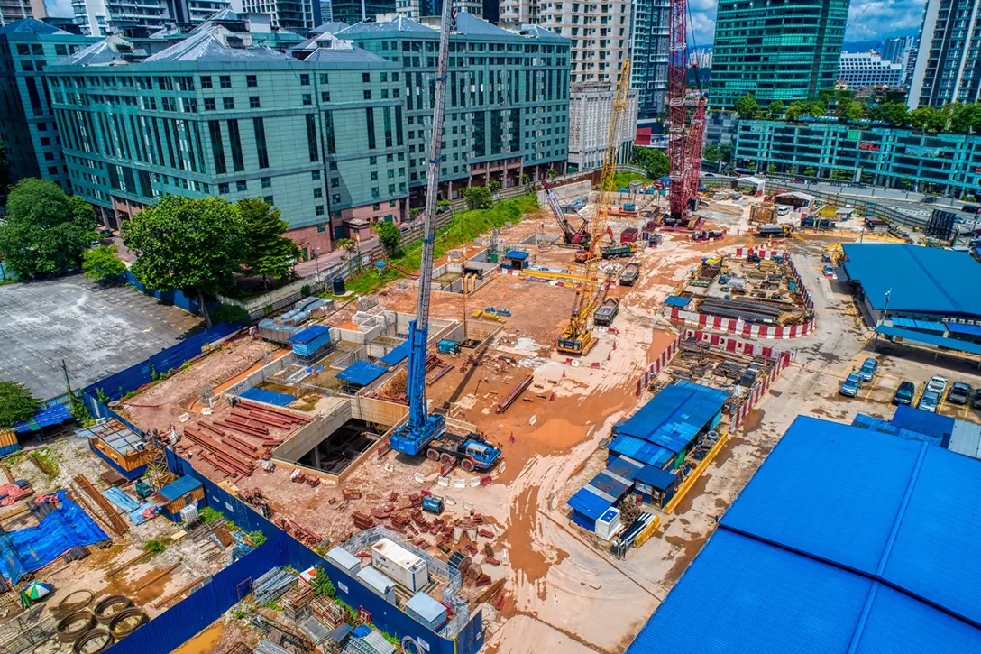 Aerial view of the ongoing construction progress at the Ampang Park MRT Station site.