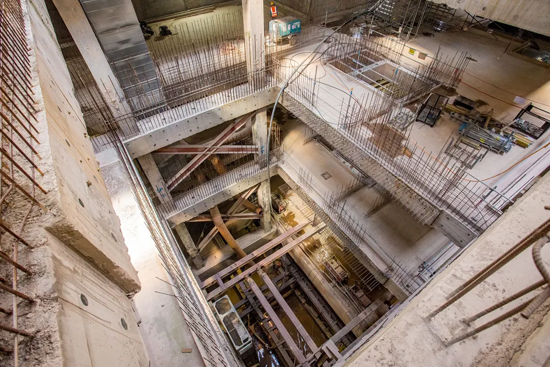 Strutting works completed at the southern end for excavation to base slab for north bound Tunnel Boring Machine breakthrough at the Ampang Park MRT Station site.