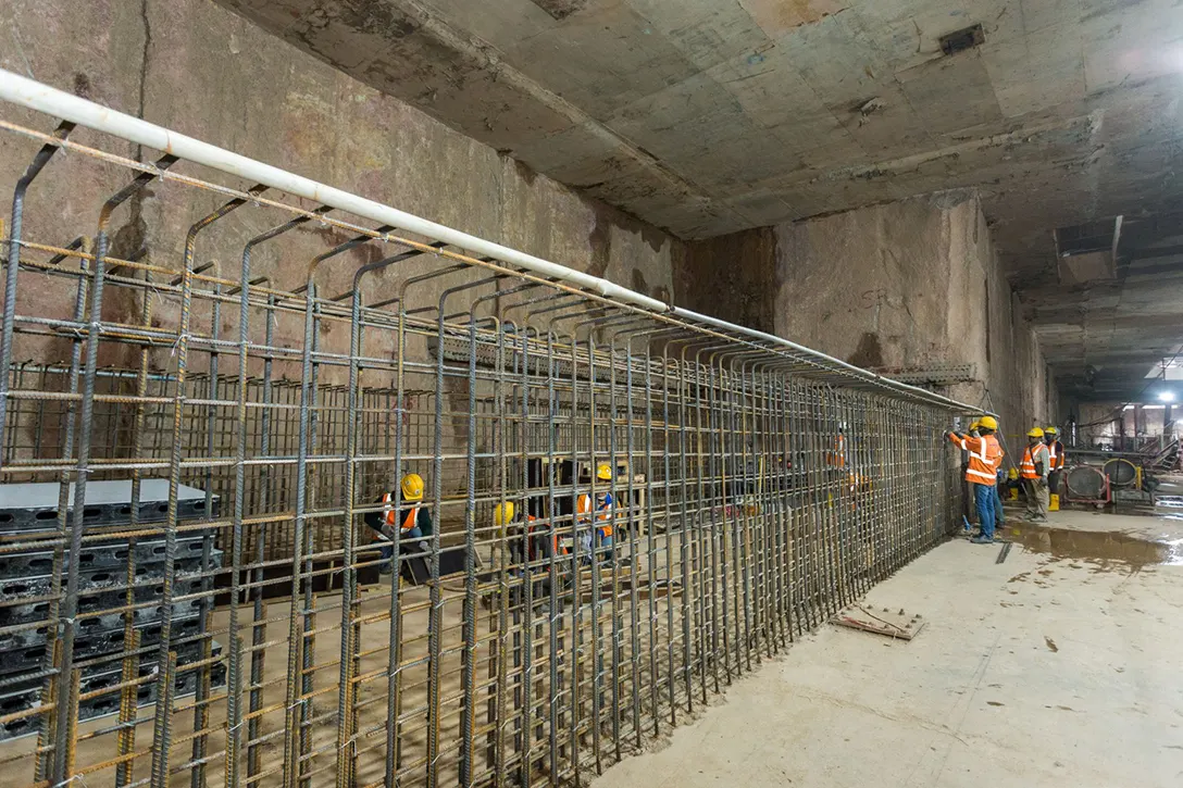 Reinforcement concrete wall construction at Ampang Park MRT Station upper platform level.