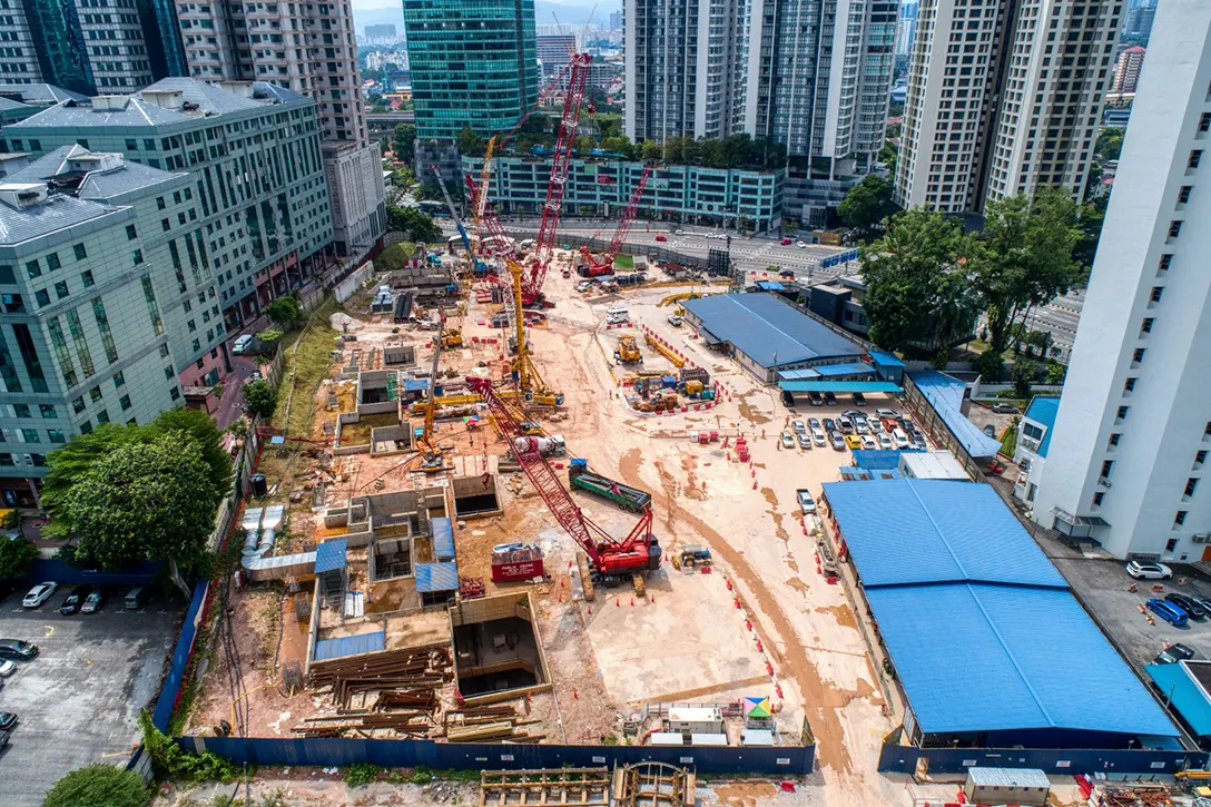 Aerial view of the south bound Tunnel Boring Machine retrieval works at the Ampang Park MRT Station.
