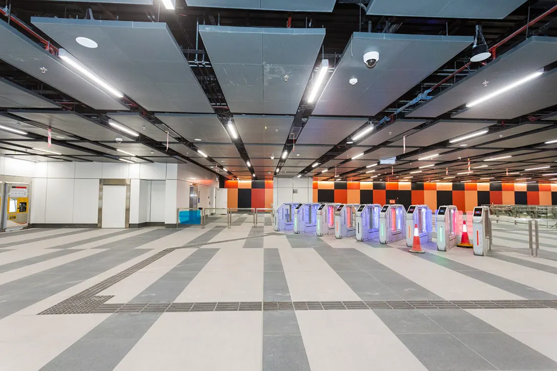 Architectural finishes at the upper concourse level of the Ampang Park MRT Station.